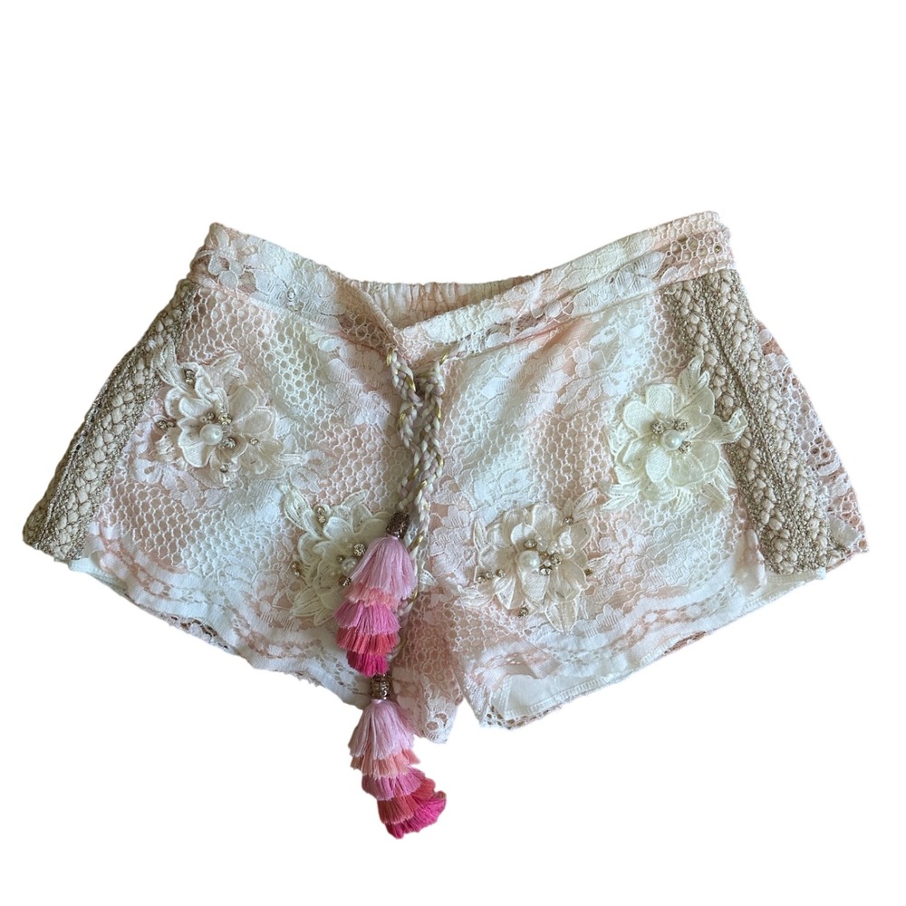 Laurie & Joe Lace Shorts Womens Small White Peach Boho Tassel Embellished France